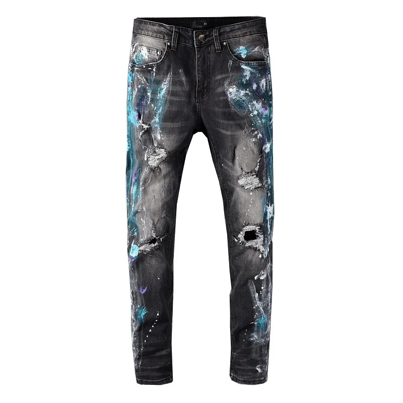 Spring Men Jeans Ripped Knee Stretch High Street Slim Motorcycle Stylish Denim Pants