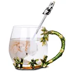 enamel glass coffee mugs with spoon tea milk cup bamboo handgrip Europe heat resistant drinkware