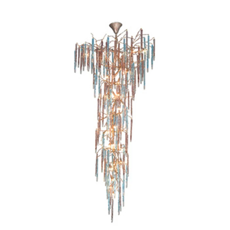 Contemporary large Glass Blue  maple leaf copper lighting luxury long  pendant lamp  staircase G9 chandelier villa design