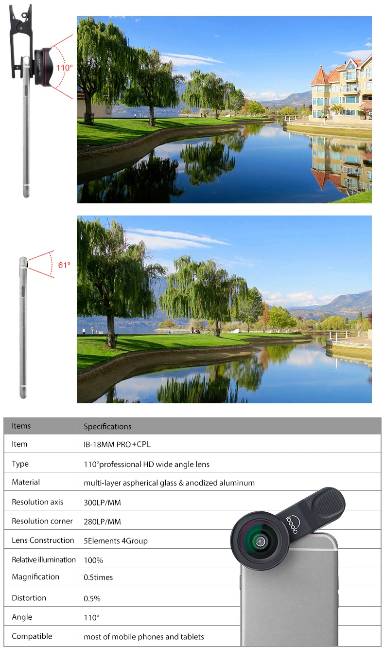 customize phone lens 18mm pro distortion free wide angle lens