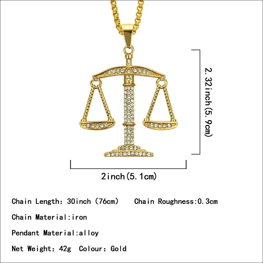 Justice Balance Scales Pendant Necklace Fashion Gold Color Charm Men Women CZ Stone Rhinestone Crystal Hiphop Jewelry Alloy