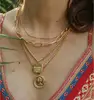 Queen Head Geometric Pendant Necklaces Set Bohemian women Multi layer Necklace Retro Gold Carved Coin Necklace Jewelry New 2019
