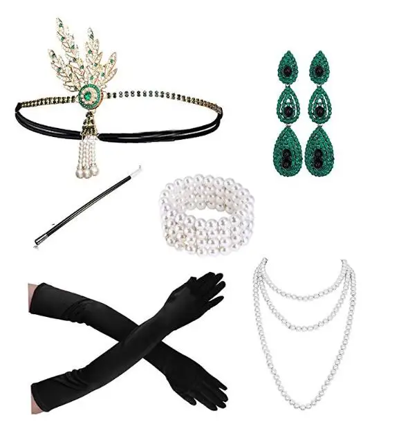 1920s aleta diadema para fiesta de Gatsby traje parte pelo accesorios sostenedor de cigarrillo de collar de perlas de Stock y guante