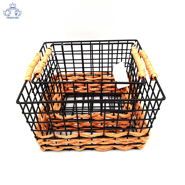 square metal wire storage basket with handle, household wire