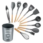 BLX 2020 PRIVATE LABEL WHOLESALE WOOD KITCHEN ACCESSORIES SILICONE UTENSILS COOKING SET