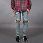 Letter Embroidered Knee Hole Zipper Bottom Ripped Jeans Men