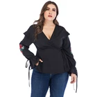 Ruffles Long Sleeve Embroidery Blouse Lace Up Shirts Plus Size Women Clothing Female Elegant Tops Blouses