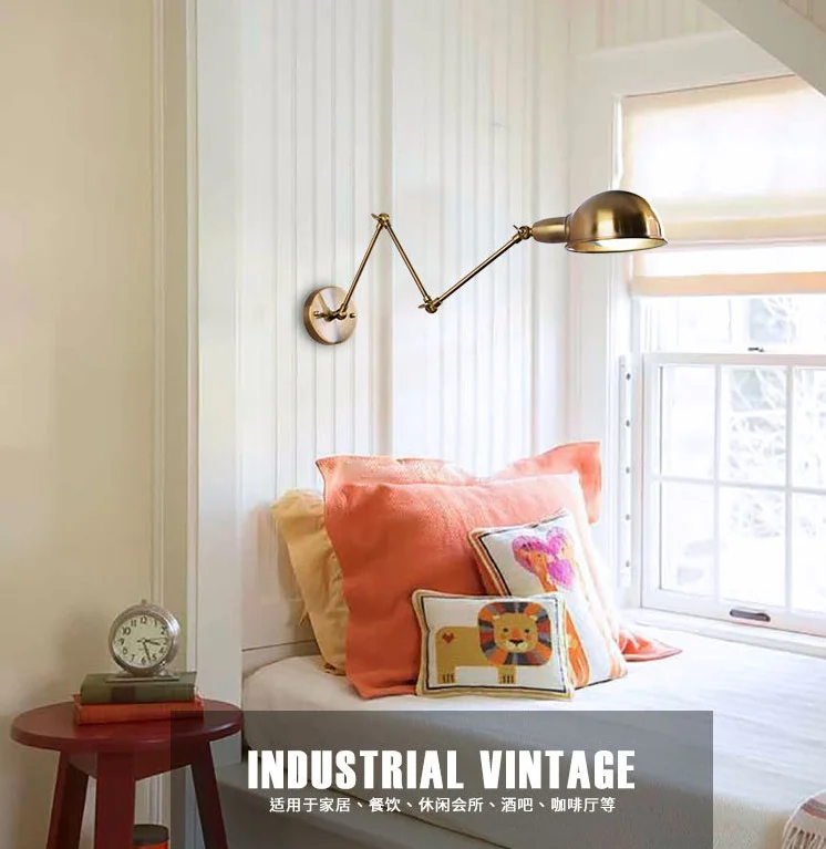 Industrial Retro Brass Wall Light Adjustable 1-Light Indoor Wall Sconce with Extendable Double Swing Arms