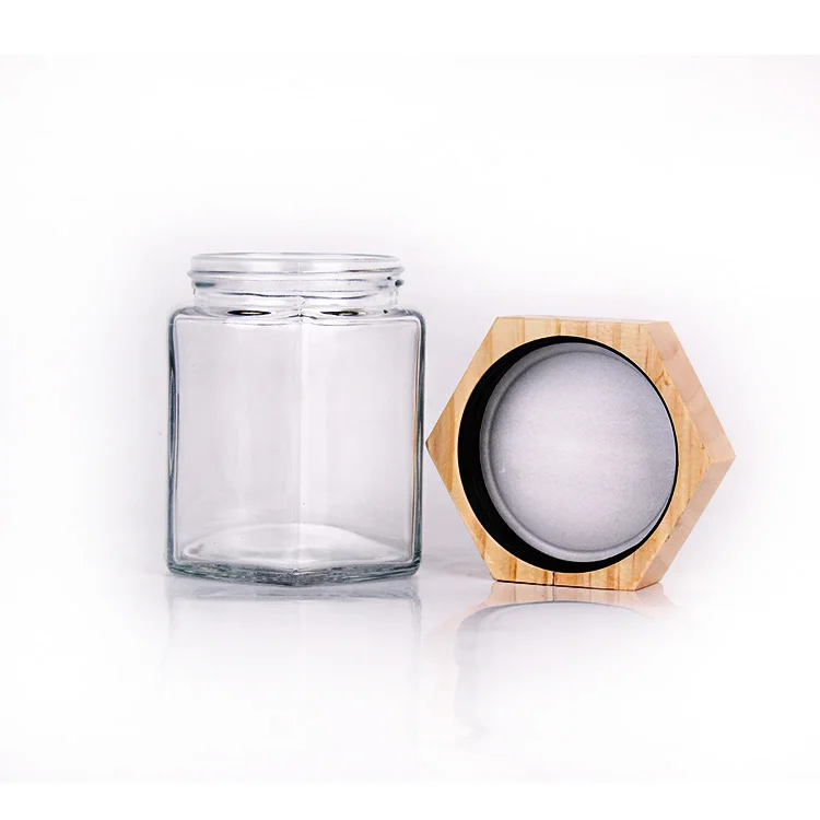 Customized Clear 380ml Hexagonal Glass Honey Jars glass food storage jar With Wooden Lids
