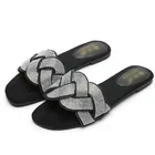 Real Leather Slip On Open Toe Women Summer Shoes Simple Fashion Diamond Flat Sandals