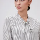 White Blouse High Quality New Design Ladies Silk Elegant Lace Up Black White Stripe Long Sleeve Blouse