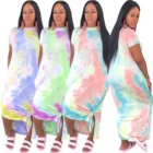 Factory price cheap floral printed women's short sleeve maxi tie dye dress for holiday
