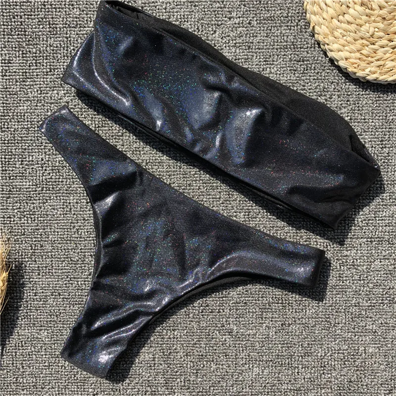 Women S Swimwear Black Sequined Faux Leather Sexy Swimsuit Bikini Buy