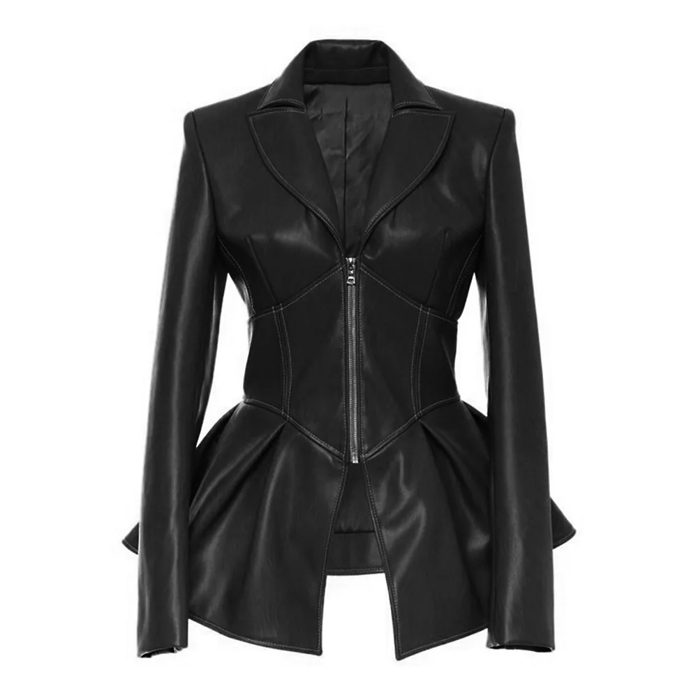 Las mujeres chaqueta de cuero de alta calidad, chaqueta elegante clásico negro trinchera doble breasted chaqueta de la motocicleta chaqueta de cuero
