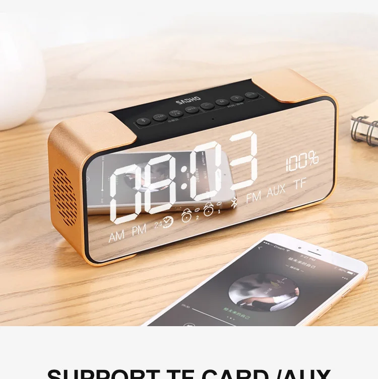 LED Alarm Clock with FM Radio Wireless Bluetooth Speaker Mirror Display Support Aux TF USB Music Player Wireless for Office Home - ANKUX.COM