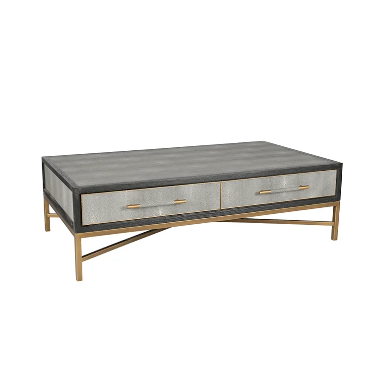 Contemporary gold metal faux shagreen leather side table