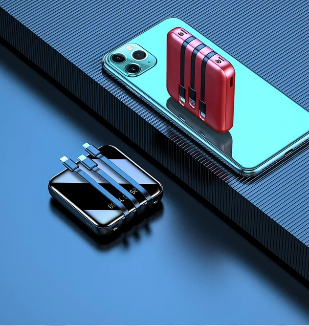 20000mAh Mirror Mini Power Bank Portable LED LCD Fast Charging slim Powerbank Quick Charge Mobile Charger with 3 in 1 cables