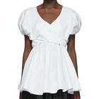 Hot sale Fashion design Hollow out Bow tie Back V Neck Short Bubble sleeve Elastic Waist Ruffled women Lady Blouse Top