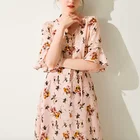 Breathable Women Dress Best Quality Summer Pink Loose Waist Half Sleeve Floral Printed O Neck Pure 100% Silk Women Dress