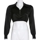Womens Slim fit T shirt button up Crop Top ladies V neck Black Long Sleeve