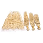 Virgin Hair Weave Bleach Blonde Peruvian Human Hair Wefts 13x4 #613 Deep Wave Curly Bundles with Lace Frontal Closure