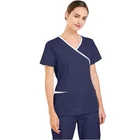 Women Fashion Scrubs Tops V-Neck Short Sleeves Shirt with Two Large Pockets Beauty and Health Workwear SPA Nursing Uniform