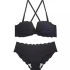 32 34 36 38 A B C cup women teen double padded push up satin bow underwear nylon bra & panty set