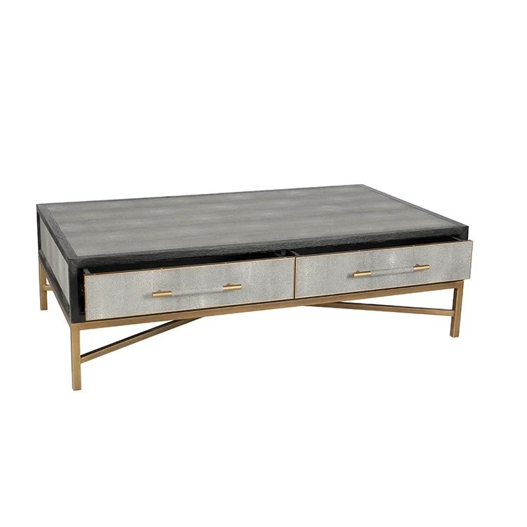 Contemporary gold metal faux shagreen leather coffee table