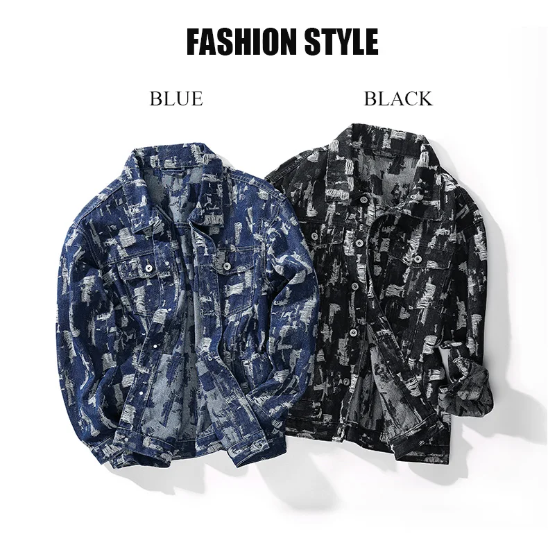 Wholesale New Design Men's Cotton Ripped Hole Jackets Long Sleeve Print Motorcycle Jacket Mens Denim Jacket