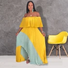 Off Shoulder Contrast Color Irregular Hem Pleated Maxi Dresses