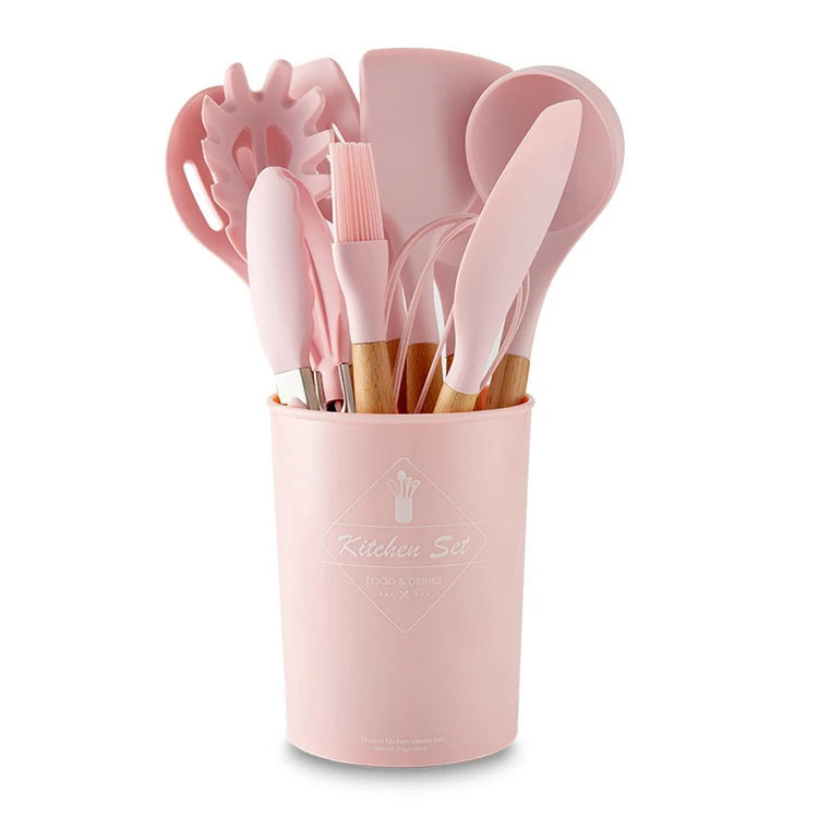 Best Selling Popular Product Cheap Nice Home Living 11 Pcs Silicone Kitchenware Set Pink Solid Wooden Handle Storage Box