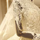 High Collar Muslim Long Sleeves Lace Luxury Beaded Puffy Elegant Wedding Dress