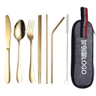 Personalized logo reusable utensil silverware travel camping flatware chopstick stainless steel cutlery set with bag