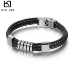 KALEN Steel Charm Black Genuine Leather Bracelets