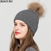 Women Winter Angora Hat With Real Raccoon Fur Pompom Fashion Warm Real Fur Cap Knitted Beanie S7628