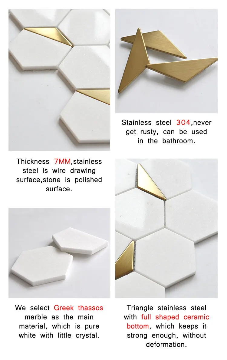 luxury hexagon mosaic bathroom tile kitchen backsplash thassos white stone gold metal copper brass waterjet marble mosaic tile