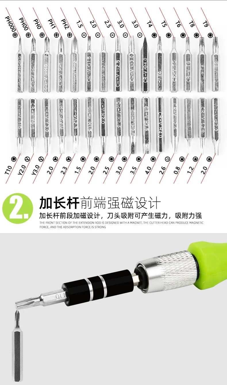 32 in 1 Travel Portable Interchangeable Insulated Pocket Screwdriver Tools Gadgets Set for Phone, Glasses, Green