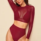 3 Pieces Swimsuit Long Sleeves Mesh Shirt Coverup Rash Guard Swimwear Halter Tie Top Triangle Thong Bikini