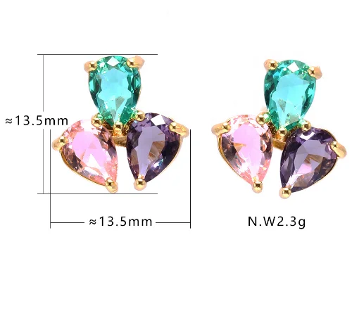 2020 New Arrive Young Colorful Glass Three Stone Designer Stud Earrings Jewelry