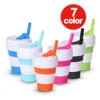 350ML Cheap Travel Camp Foldable Silicone Water Coffee Cup with Straw Lid Custom Folding Up Silicone Collapsible Coffee Cup