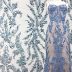 Sky Blue Embroidery Sequin Beaded Lace Fabric for Evening Gown