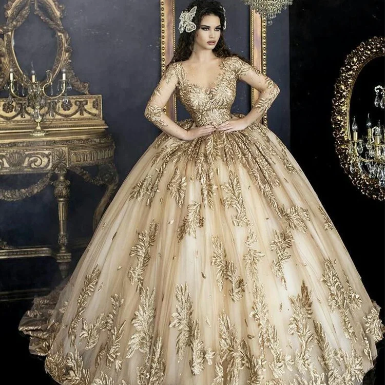 Luweiya Plus Size Wedding Dresses Patterns Gold Lace Sequined