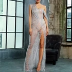Split Thigh Sheer Long Dress Evening Silver Maxi Sequin Mesh Evening Peplum Dress Sexy