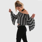 Fashion Girl Strapless Trumpet Sleeve Striped Chiffon Blouse Top