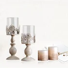 Elegant white painted flower pattern metal + glass candle+holders