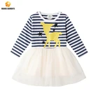 New Long Sleeve Cotton Stripe Children Frock With Golden Pressed Baby Tutu Party Dress Girls Kids