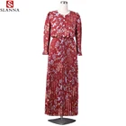 Slanna Modefashion a Line Long Sleeve High Waist Long Floral Dress With Chiffon Pleated Dress For Muslim Women