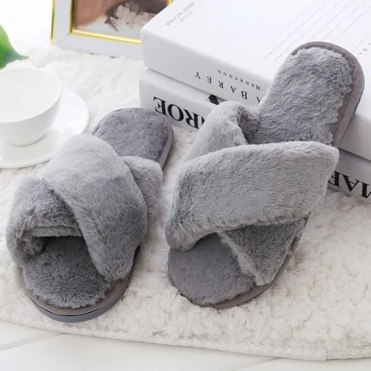 Winter Women Home Slippers with Faux Fur Fashion Warm Shoes Woman Slip on Flats Female Slides