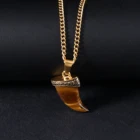 Tiger Pendant Unique Design Fine Jewelry Natural Stone Tiger Eye Pendant Gold Horn Necklace For Men