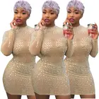 Gauze Dress A90253 Sexy Lady Hot Drill Mesh Gauze Solid Color Slim Dress With Long Sleeves